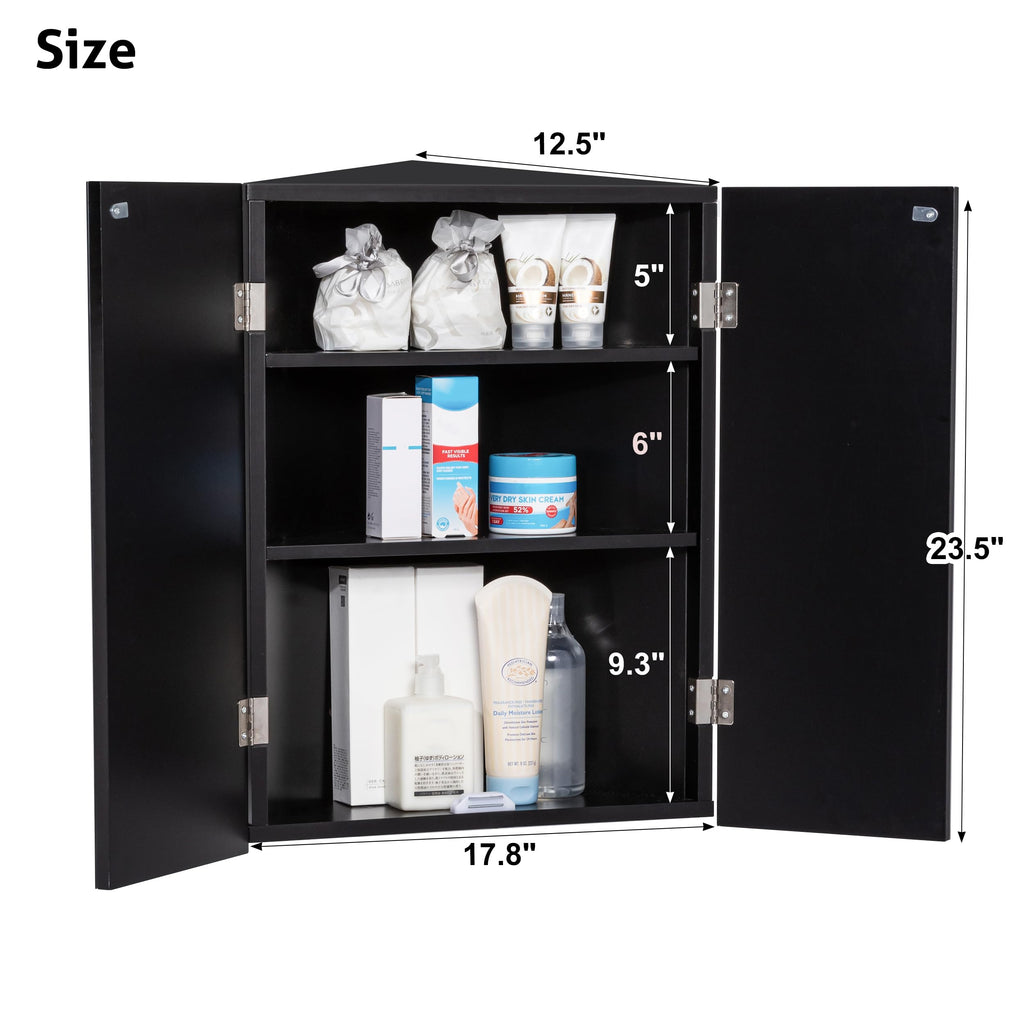 24" Bathroom Corner Medicine Cabinet W/Mirror, Double Doors Bathroom Black Wall Mount Mirror Cabinet, Hanging Triple