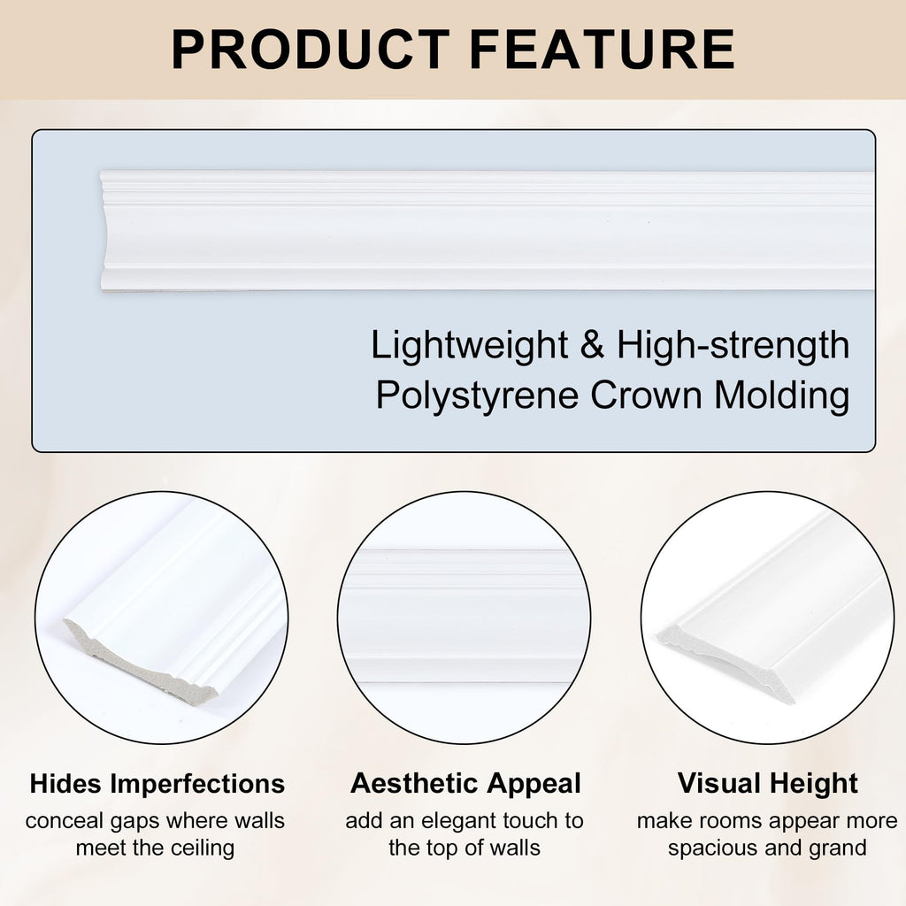 6 Pack Ceiling Crown Molding Trim Decor, 56.7" Long x 3.6" Face