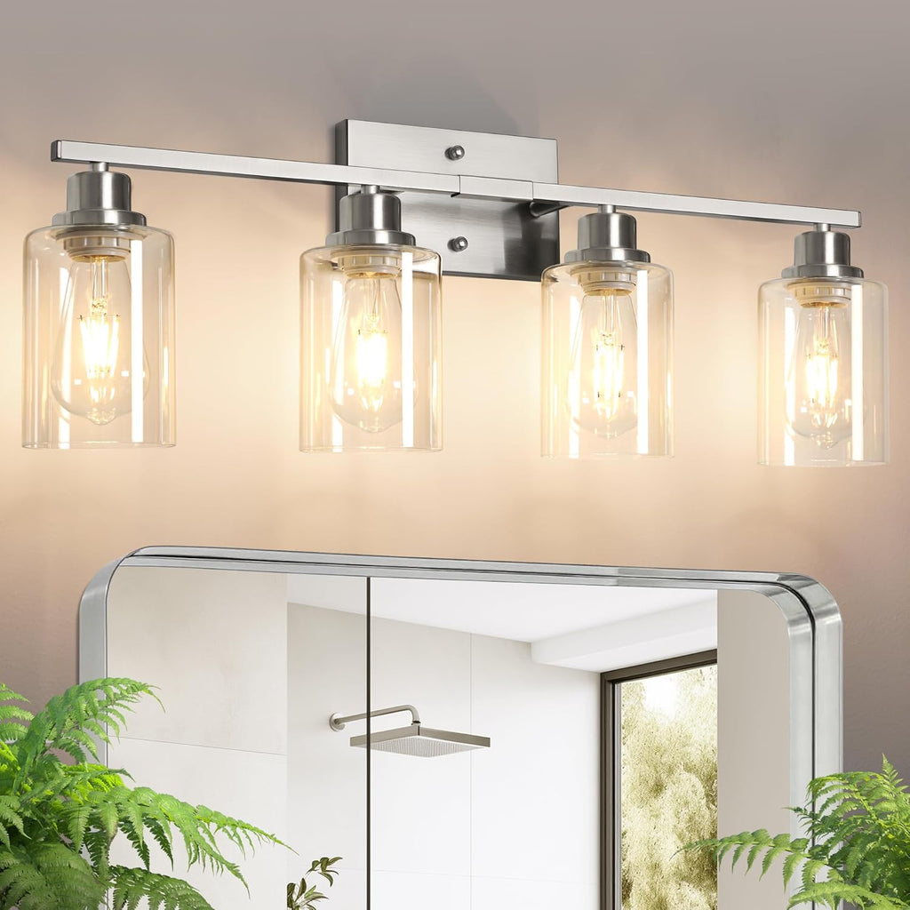 Bathroom Light Fixtures, 4-Light Vanity Light Over Mirror, Brushed Nickel Wall Sconces with Clear Glass Shades, Wall