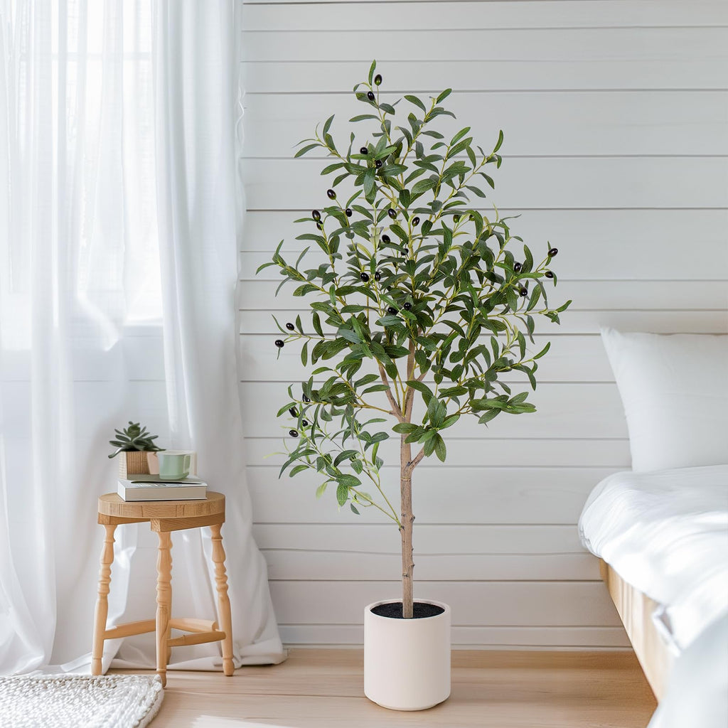 Olive Tree Artificial Indoor, 4ft Tall Silk Faux Olive Tree with White Planter, Artificial Plants with Natural Wood