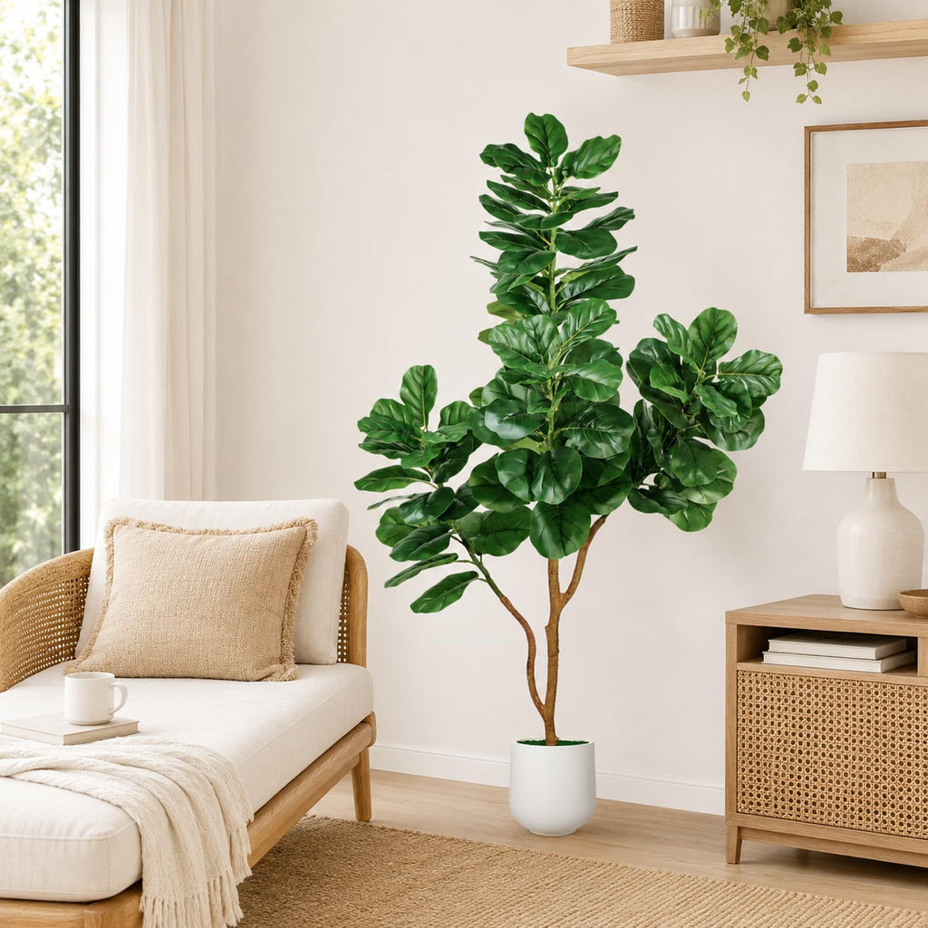 Artificial Fiddle Leaf Fig Tree, 6ft Realistic Fake Plants Faux Trees with White Planter, Artificial Plants Indoor
