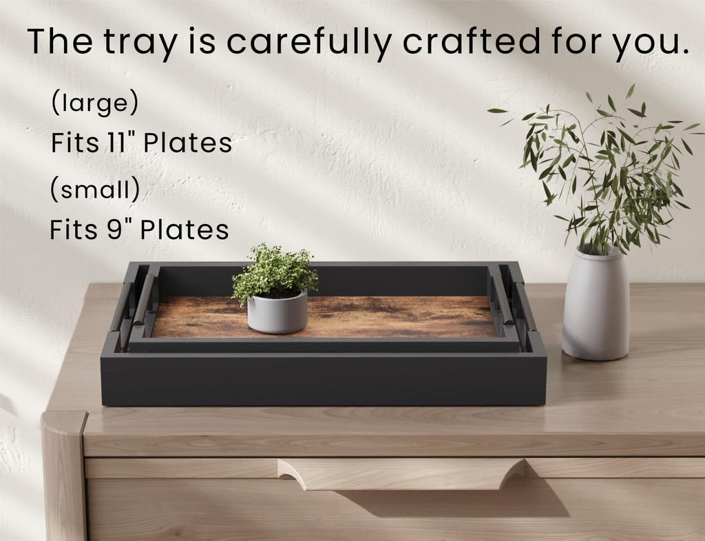 Wooden Set of 2 Serving Tray with Metal Handles,Ottoman Decorative Trays Platter for Coffee Table,Living