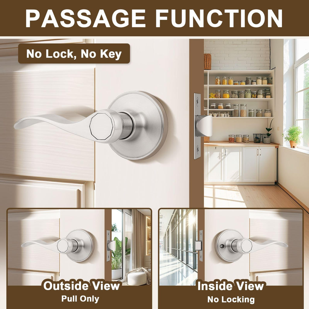 8 Pack Brushed Nickel Finish Keyless Interior Door Handle, Classic Passage Door Lever Closet, Non-Locking Wave Style