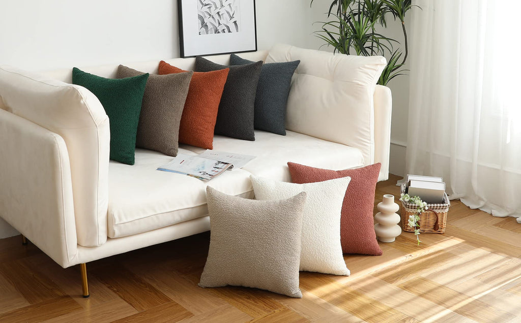 Ivory Decorative Square Thick Throw Pillow Covers Fine Textured Boucle Couch Cushion Cases Livingroom Sofa Decor, Set