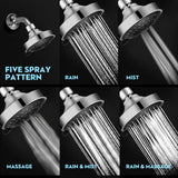 High Pressure Shower Head 5 Settings Fixed Showerhead 4 Inch High Flow Bathroom Showerhead with Adjustable Brass Ball
