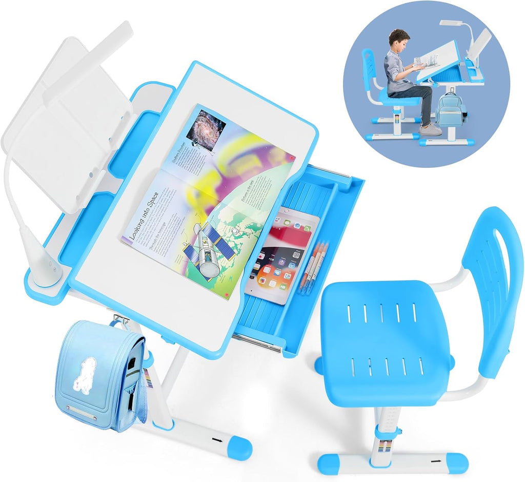 Height Adjustable Kids Desk and Chair Set with LED Light,Drawer