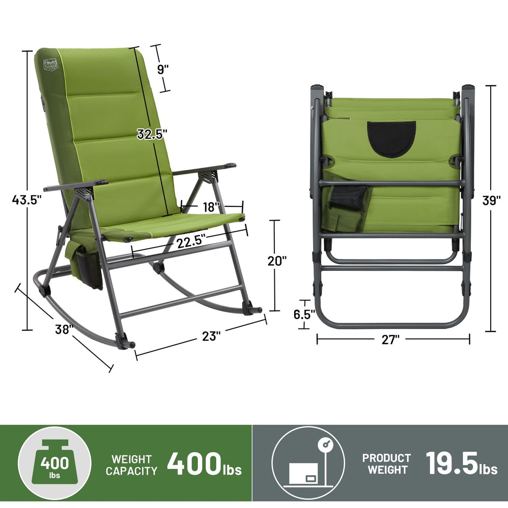 Oversized Folding Rocking Camping Chair, Padded Outdoor Rocker with High Back, Portable Outdoor Chair, Garden, Lawn