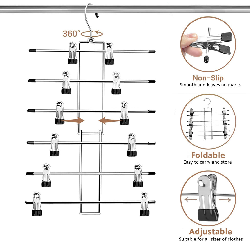 Pants Hangers with Clips, Space Saving Hanging Closet Organizer-6 Tiers Skirt Hangers with 360° Swivel Hook, Closet
