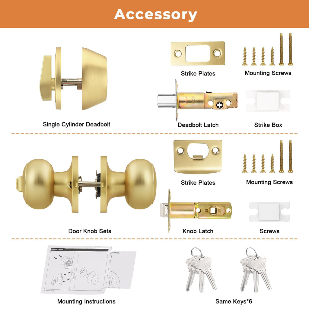 2 Pack Entry Door Knob Set with Single Cylinder Deadbolt Combo Set, Gold Front Door Handle Keyed Alike, Exterior Door