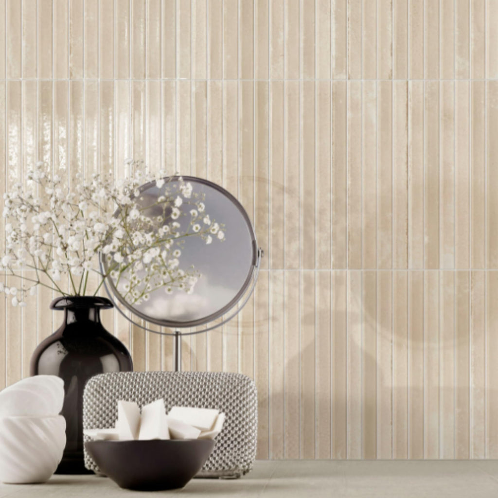 Beige Glossy Ribbed Ceramic Wall Tile (1 Piece)