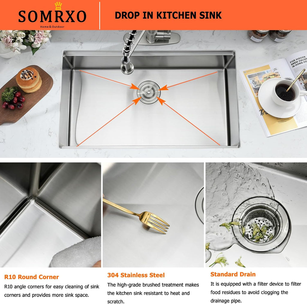 32 Inch Undermount Kitchen Sink Stainless Steel Single Bowl | 16 Gauge 304 Stainless Steel, Brushed Nickel, 10 Inch