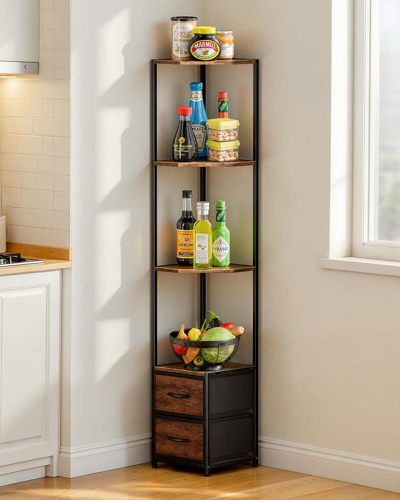 6 Tier Corner Shelf Stand with Storage and Fabric Drawers, Brown
