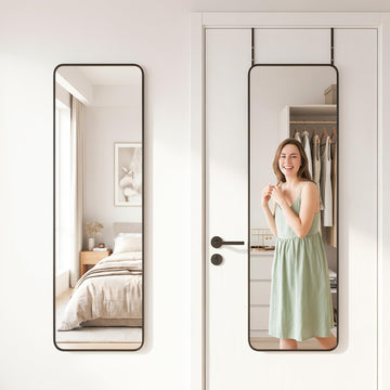 48"x14" Over the Door Full Length Mirror, Hang or Floor Stand, Black