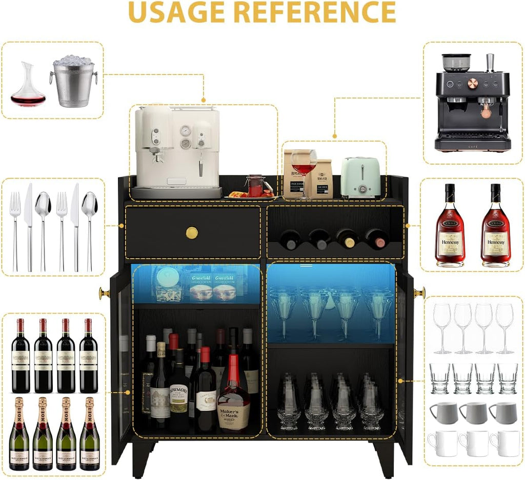 Black Wine Bar Cabinet, Glass Door with LED Light & Shelves | Comes With Glass Doors And Interior Light; Adjustable