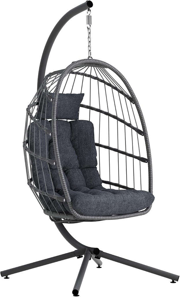 Egg Chair Outdoor with Stand, Indoor Wicker Hanging Egg Swing Chair with Cushion, 370lbs Capacity , Garden - Dark Grey