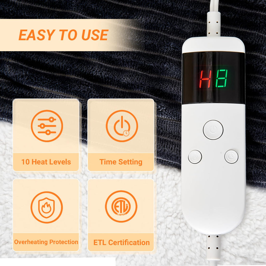Heated Blanket Electric, Soft Flannel Heating Blanket with 8 Hours Auto Off 10 Fast Heating Levels Machine