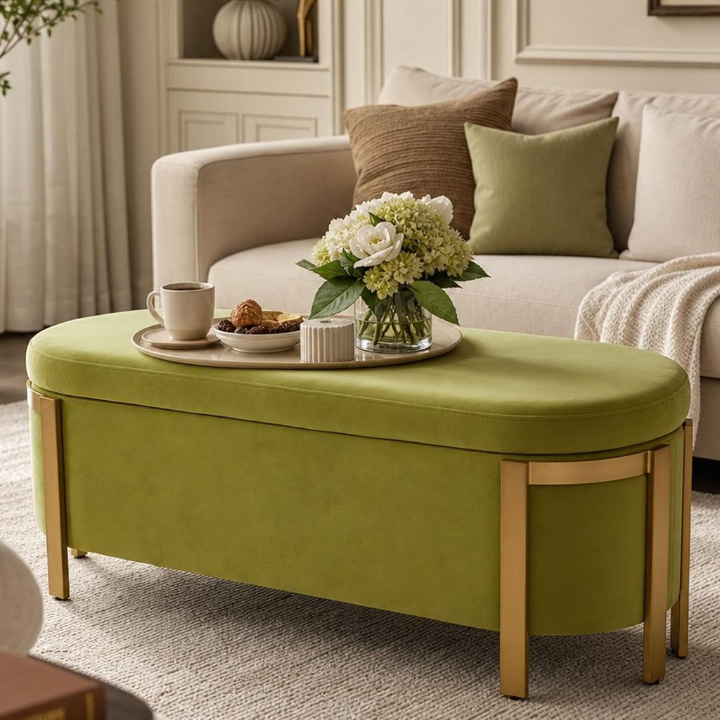 48" Velvet Storage Bench with Gold Legs, Olive Green | End of Bed Ottoman Bench with Hidden Storage