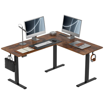 63 x 55 Inch L-Shaped Standing Desk, Electric Corner Workstation Brown