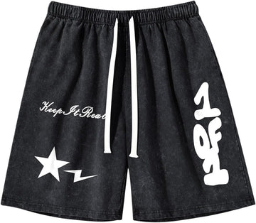 Graphic Shorts for Boys Streetwear Y2k Short Star Lettering Print Shorts Kids Vintage Aicd Wash Drawstring Shorts