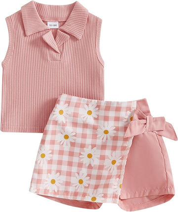 Toddler Baby Girls Summer Outfit Sleeveless Ribbed Collared Tank Tops + Floral Skirt Shorts Set Kids Cute Clothes