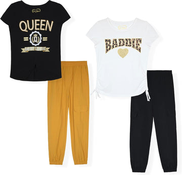 Girls 4 Pack Jogger Pants Set, Glitter and Foil Graphic Sweatpants, Soft Fleece Lounge Pants