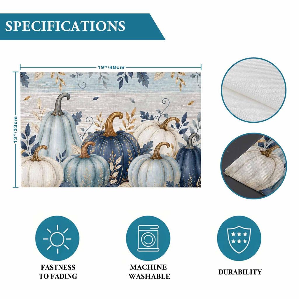 Fall Thanksgiving Placemats, Teal Blue White Pumpkin Heat Resistant Washable Dining Table Mats Fall Holiday Farmhouse