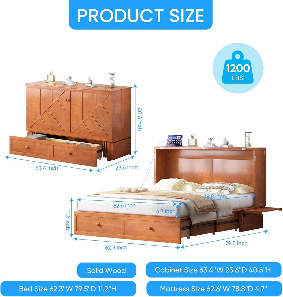 Queen Murphy Bed with Mattress Included, Folding Convertible Bed, Hideaway Cabinet Bed with Storage Drawer & USB