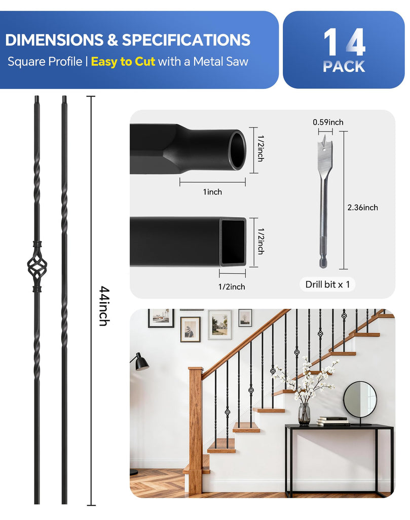 14 Pack Wrought Iron Balusters for Staircase Interior, 44" Black Metal Stair Spindles Balusters for Stairs Banister