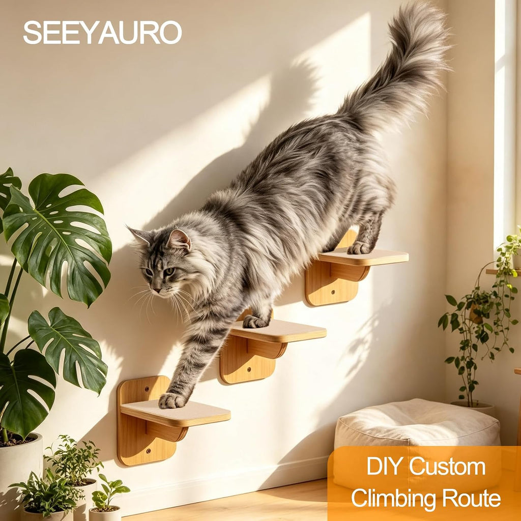 3-in-1 Wall-Mounted Cat Furniture, Solid Wood Cat Tree, Wall-Mounted Perch for Indoor Cats to Play, Rest, and Climb
