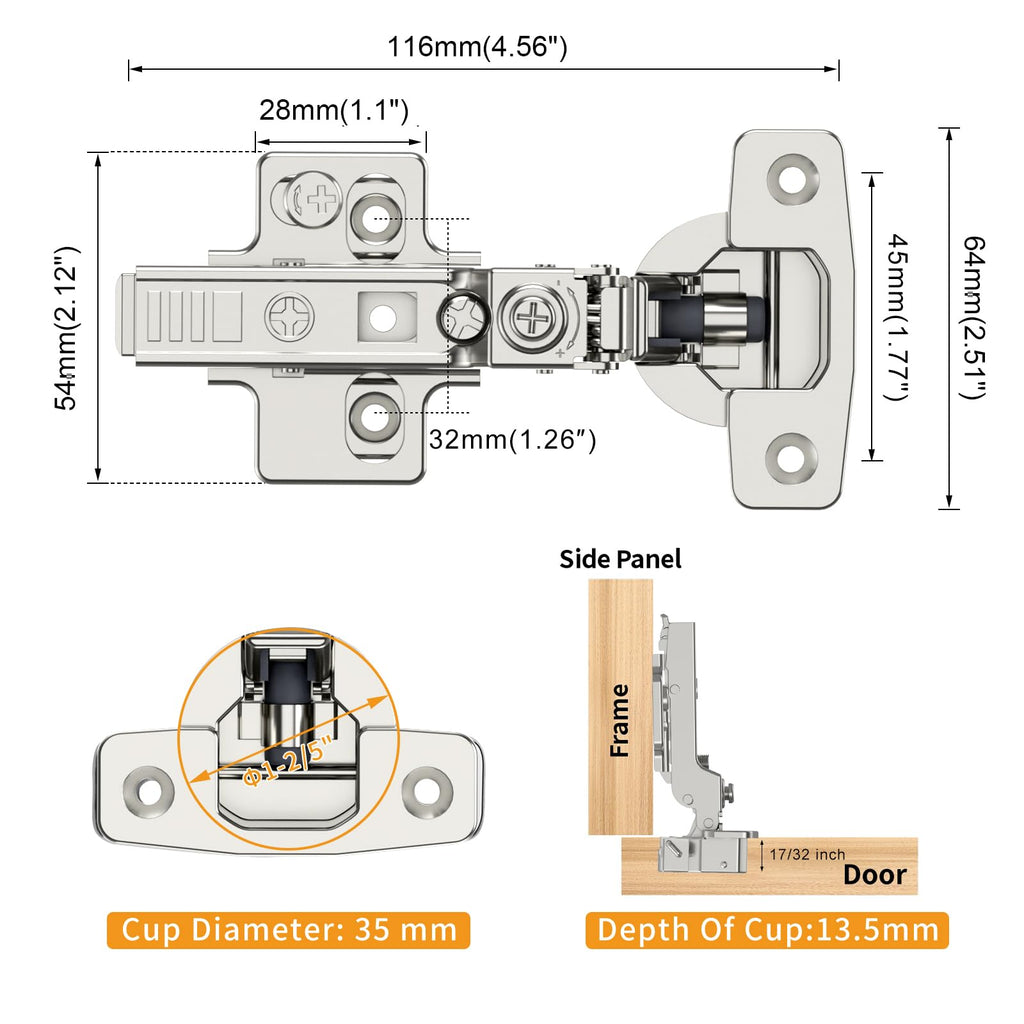10 Pack Frameless Half Overlay Soft Close Concealed European Hinges, Self Closing Satin Nickel, 105 ° Open Angle 4D