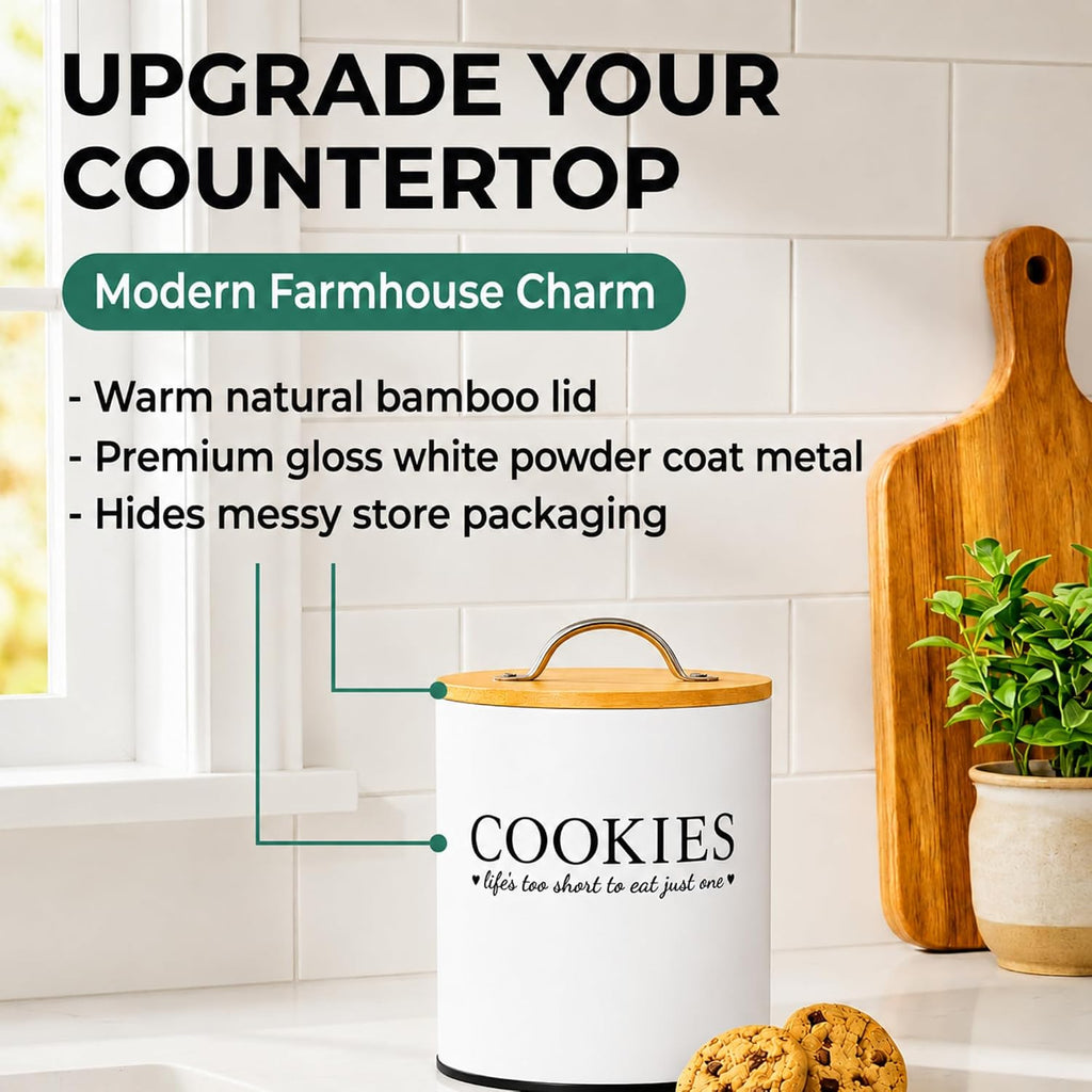 Cookie Jar with Airtight Bamboo Lid - 0.6 Gallon Cute and Decorative Cookie Storage Countertop - Farmhouse Storage