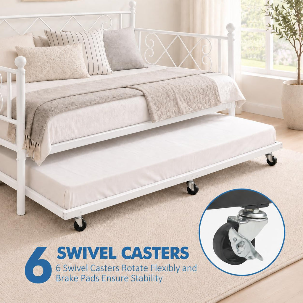 Daybed with Trundle, Trundle Bed Twin with Heart-Shaped Headboard, Sturdy Metal Day Bed with Steel Slat Support, Twin