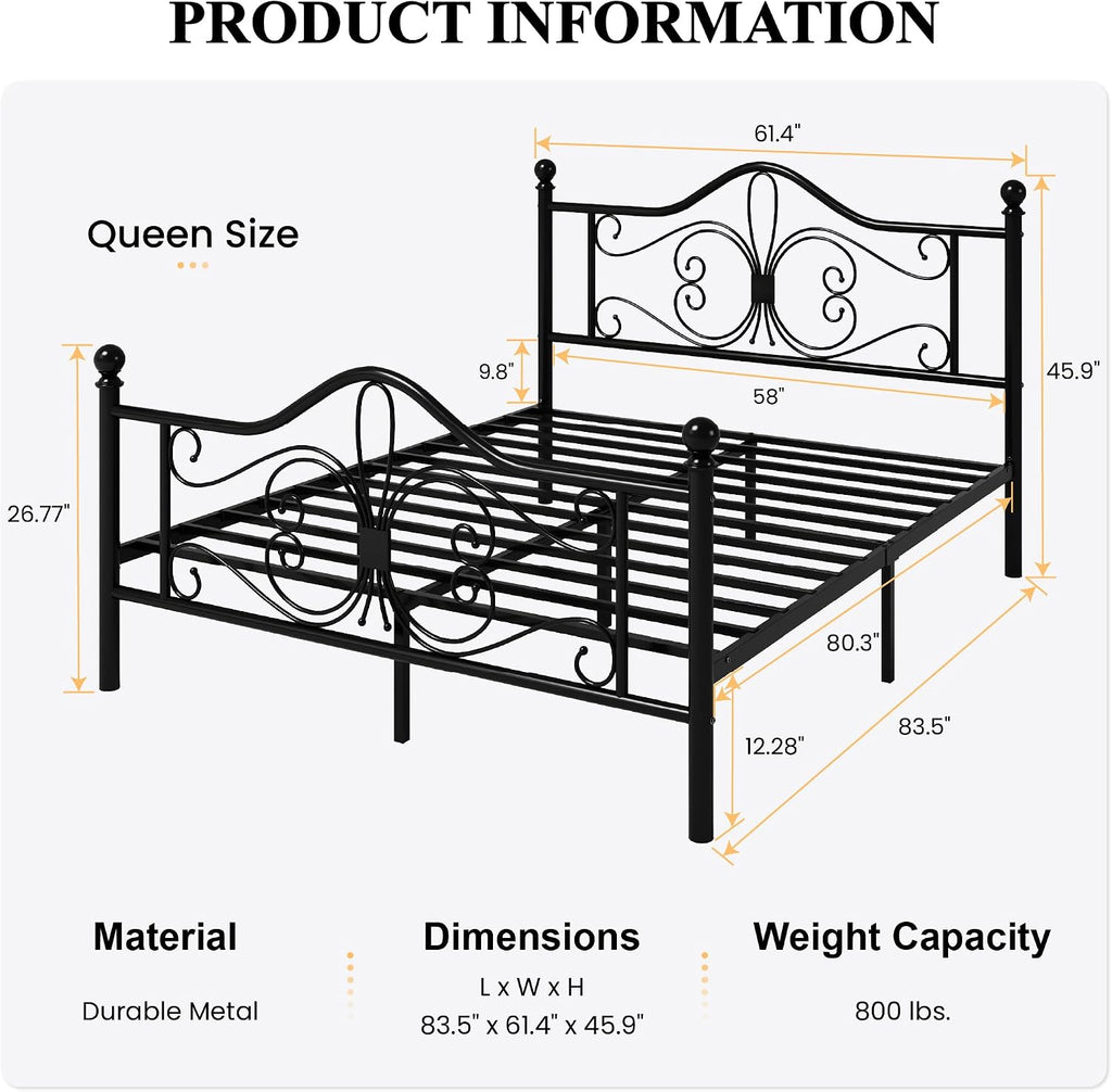 Queen Metal Bed Frame with Butterfly Headboard & Footboard, No Box Spring Needed