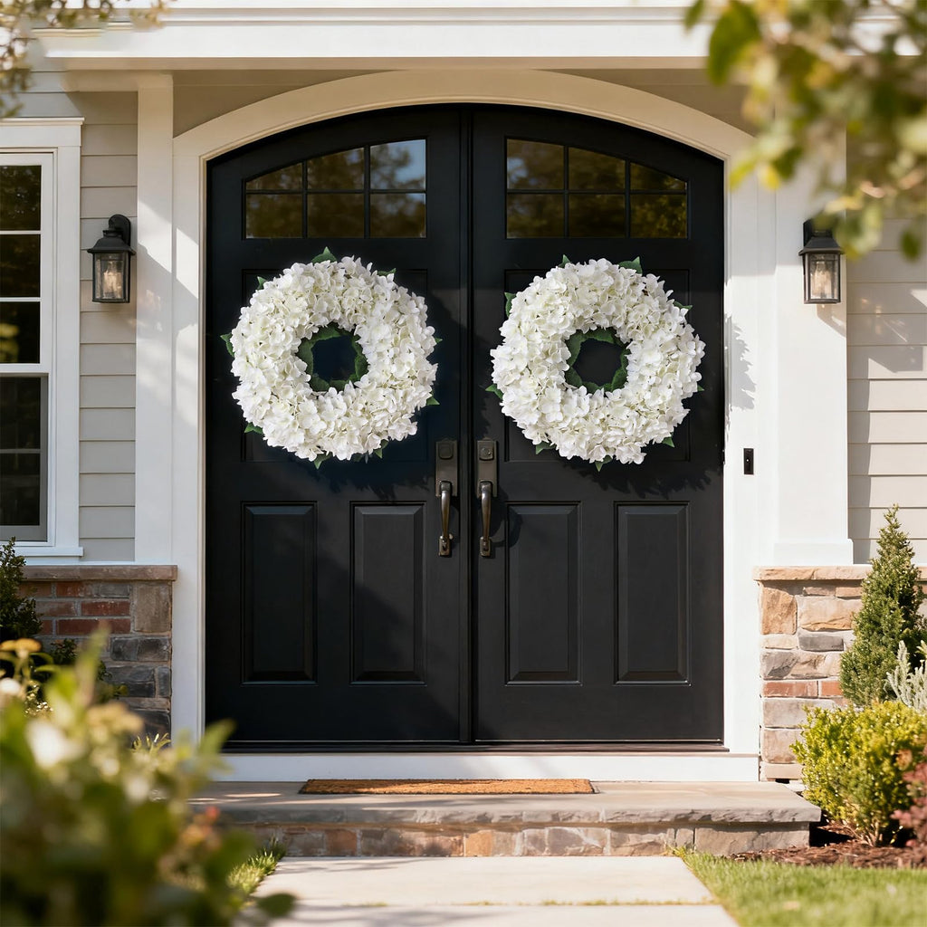 21" Artificial Hydrangea Flower Wreath for Front Door Decor (White)