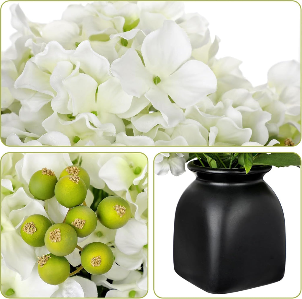 Artificial White Hydrangea Arrangement, Matte Black Vase Centerpiece