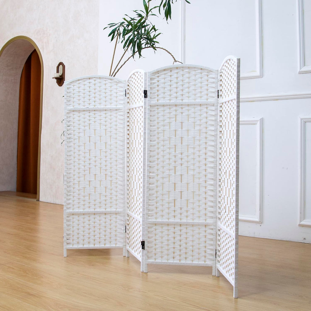 4 Panel Rattan Divider Short Room Partition Screen, Double Sided Folding Divider for Room Separation, White, 47.2" H x