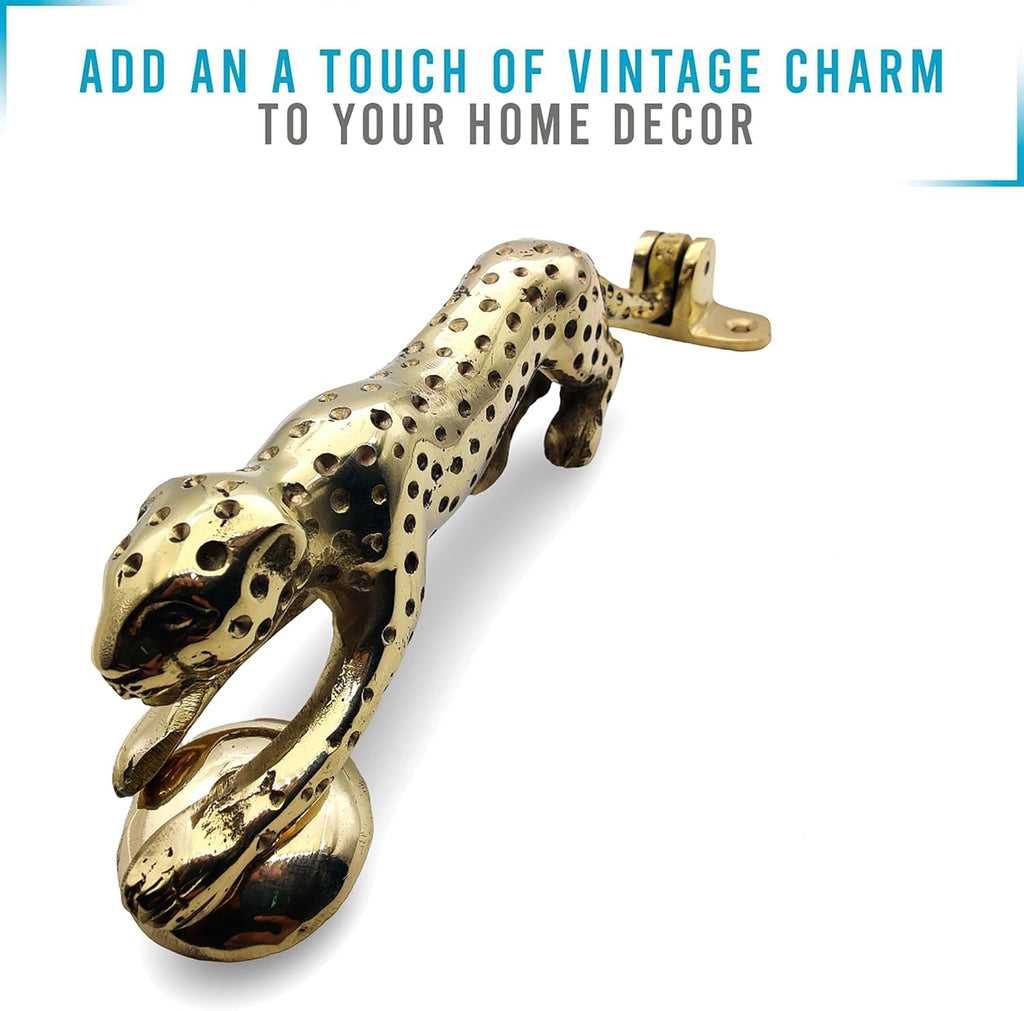Decorative Brass Leopard Door Knocker, Gold Finish, Animal Design Door Hardware