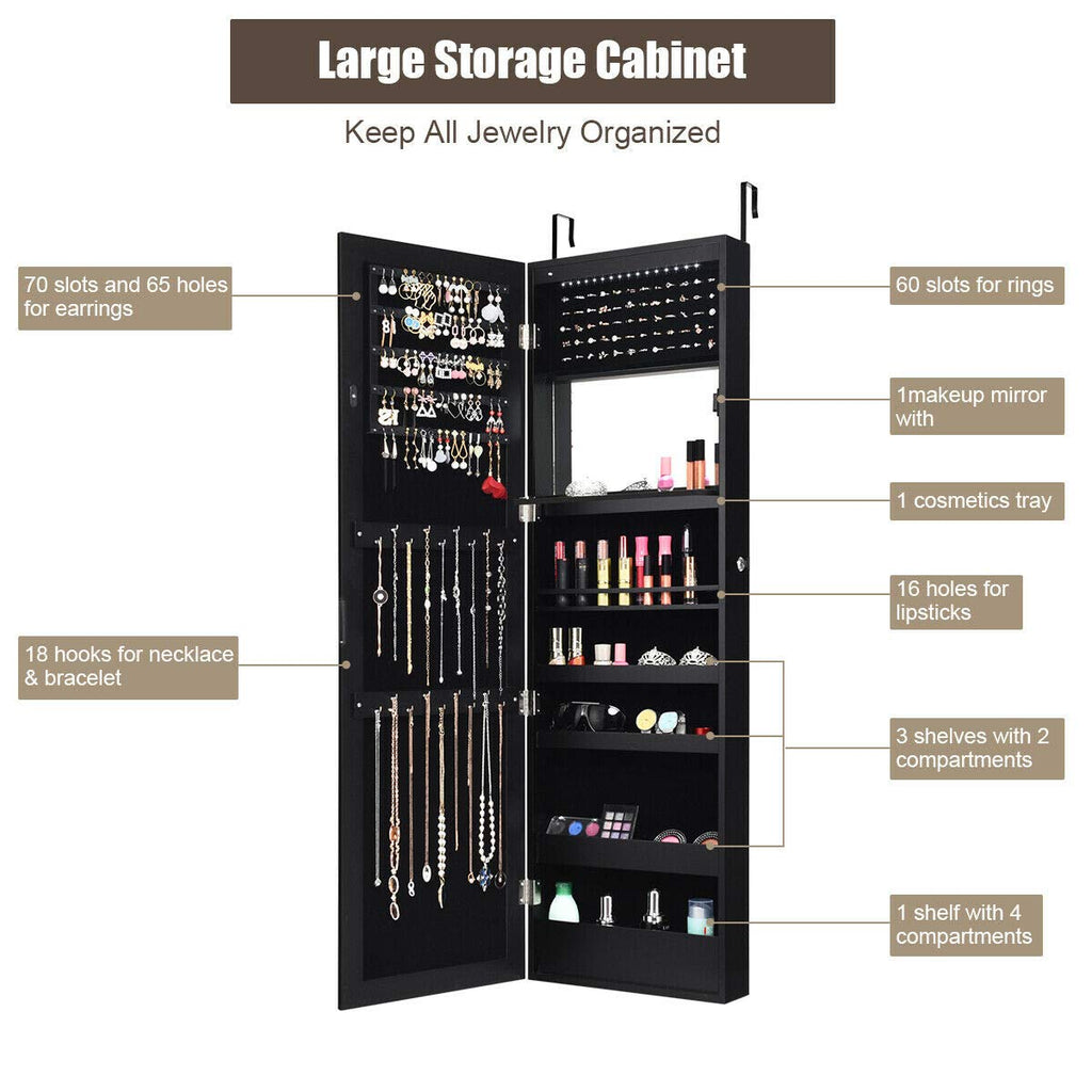 Wall Mounted Jewelry Cabinet, Lockable Door Hanging Jewelry Armoire w/ 12LEDs, Space Saving Makeup Display Cabinet