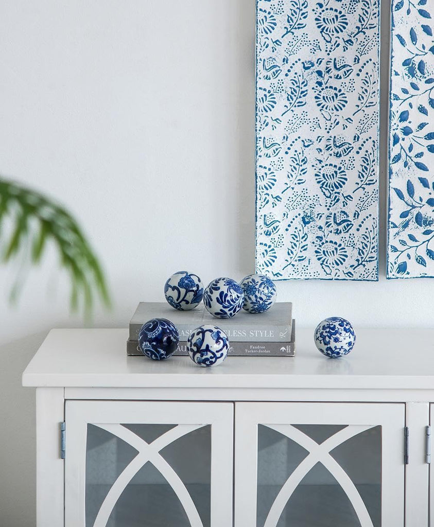 Set of 6 Porcelain Decorative Spheres - Handcrafted Traditional Blue and White Floral Orbs Decor, Tabletop Accent