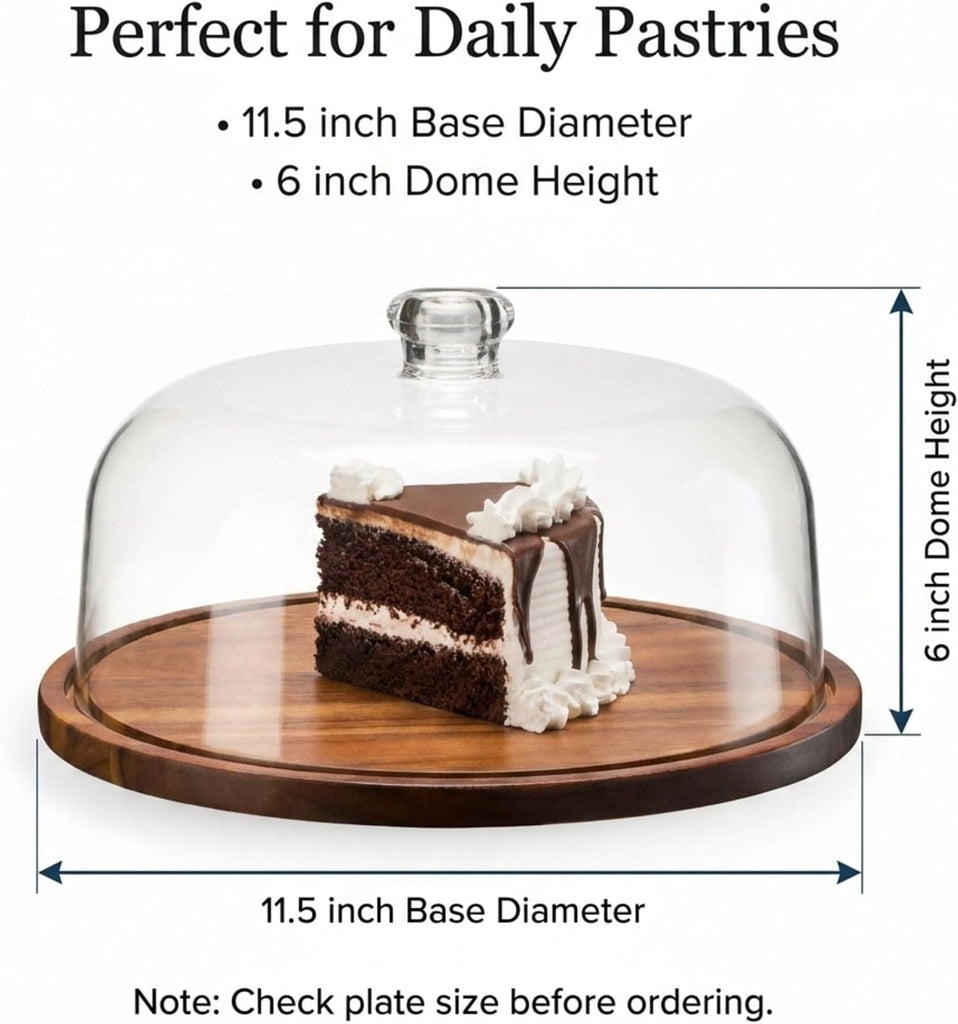 Cake Stand, Cake Plate Server Platter with Dome, Acacia Wood and Shaterproof Acrylic Lid