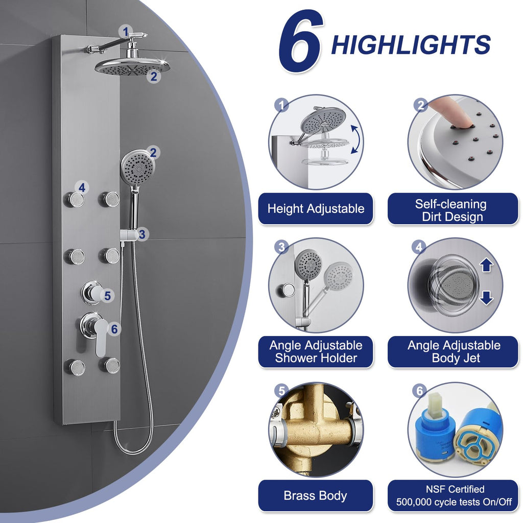 Shower Panel Tower System with Adjustable 6 Body Jets, Brushed