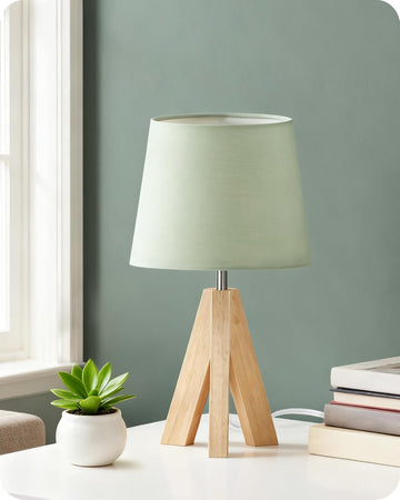 Tripod Table Lamp, Small Bedside Lamp with Wood Base & Green Fabric Shade, Little Cute Desk Lamp, Modern Nightstand