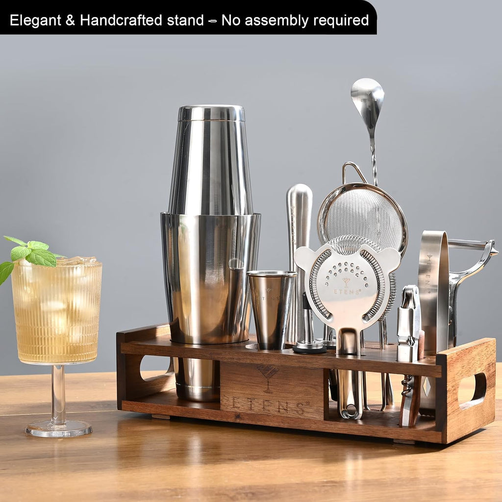 Premium 15-Piece Mixology Bartender Kit - Stainless Steel Cocktail Shaker Set with Wooden Stand | Professional Boston - Set of 15