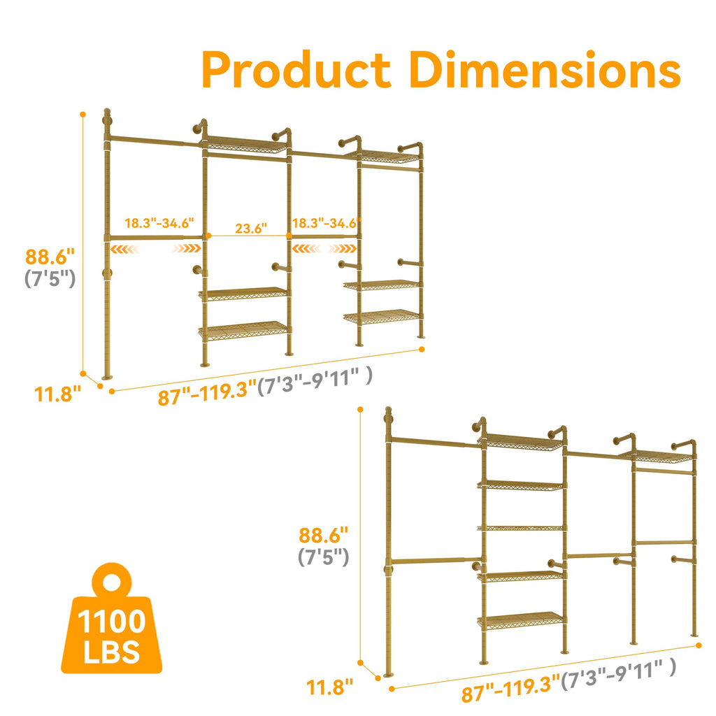 W4 Wall Mounted Clothes Rack, Industrial Pipe Clothing Rack, Gold