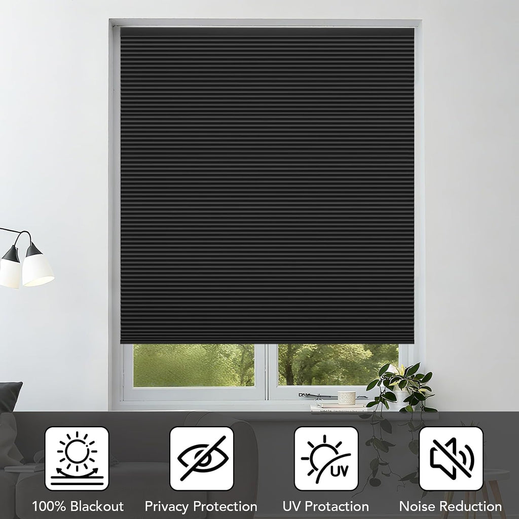 Cordless Blackout Cellular Shades, 16" W x 36" H, Black Gray, Custom Size Honeycomb Blinds for Windows, No Drill No