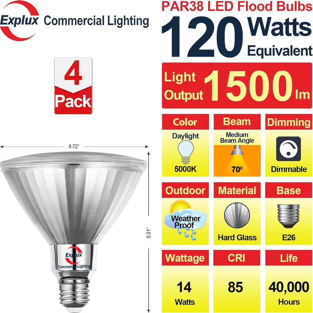 Full Glass LED PAR38 Bulb, 120W Equivalent, Daylight 5000K, 4-Pack