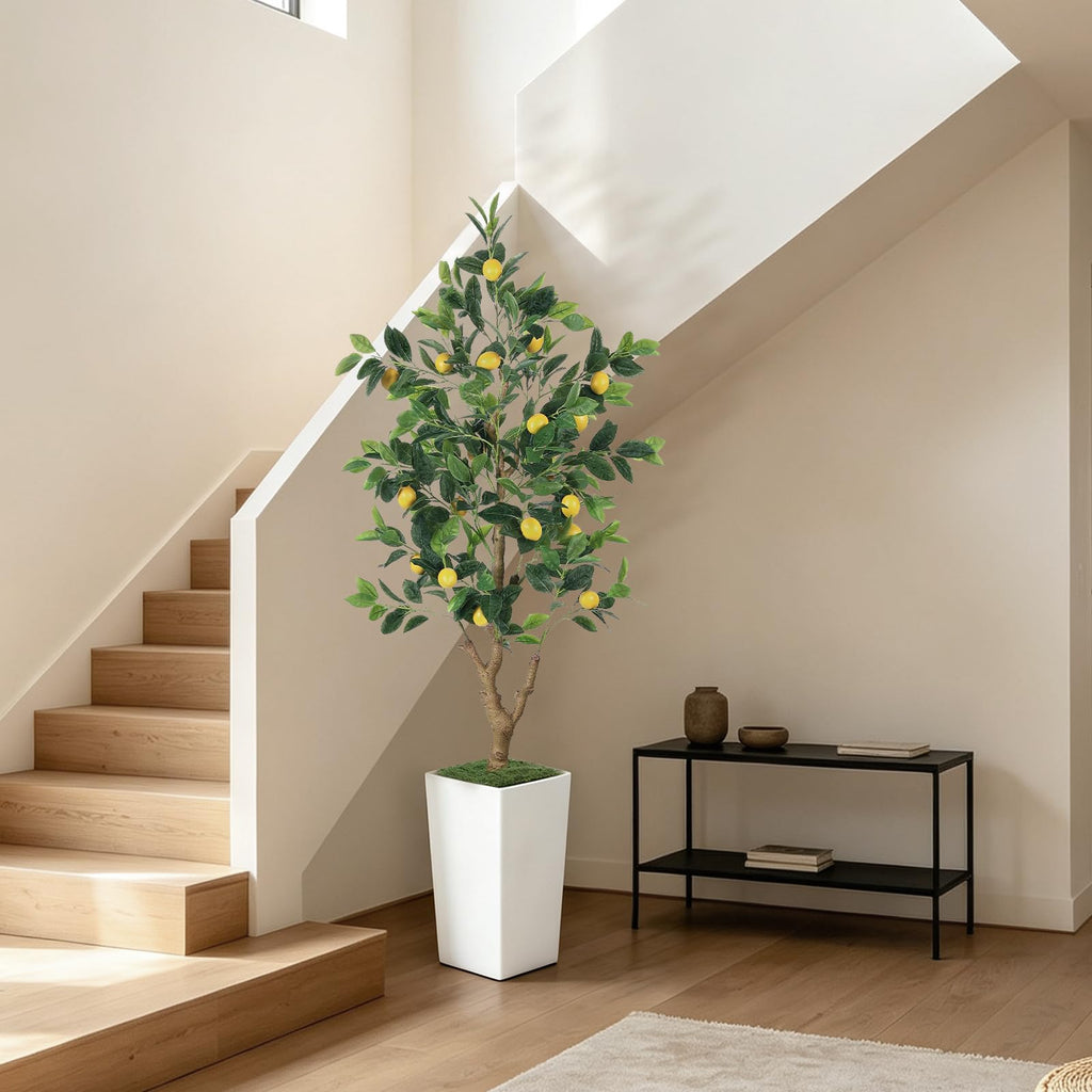 5FT Artificial Lemon Tree with White Tall Planter