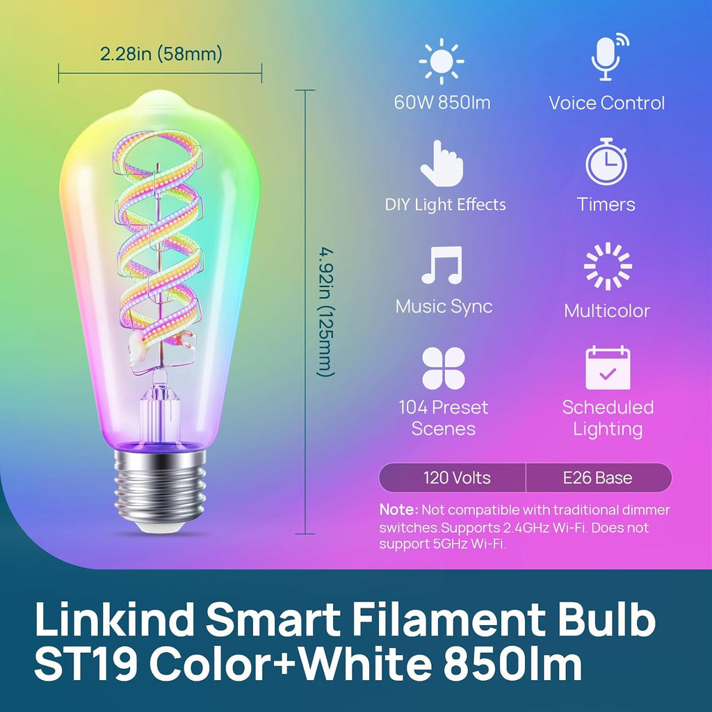 Matter Smart Bulbs, ST19/ST58 E26 Led Bulb Compatible with Alexa, Smart Light Bulbs, WiFi Bulbs, RGBTW Color Changing