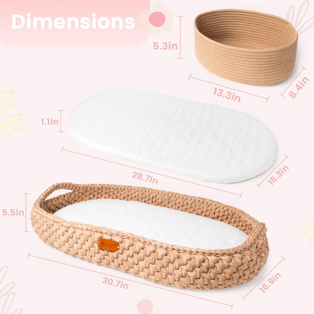Handmade Baby Changing Basket Set with a Soft Changing Pad and Waterproof Cover, Diaper Organizer, Rattle Shaker, Moses