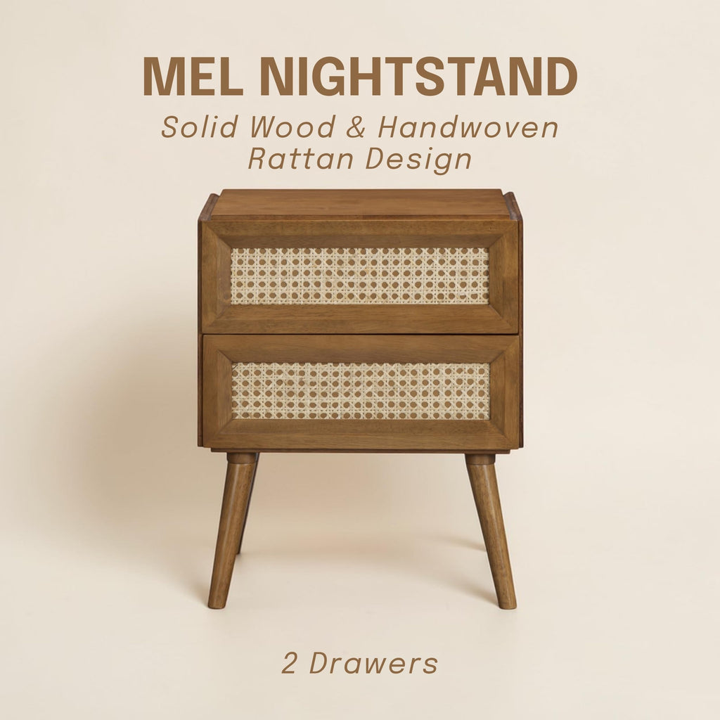 Mel Solid Wood Nightstand with 2 Drawers, Handwoven Natural Rattan Bedside Table, Mid Century Modern Night Stand
